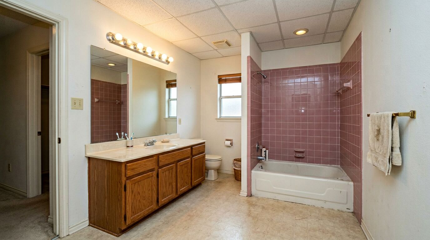 Before: Dated 1990s bathroom with pink tile