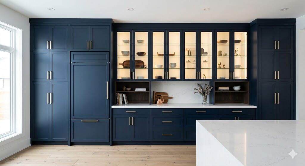 Custom floor-to-ceiling navy cabinetry with gold hardware