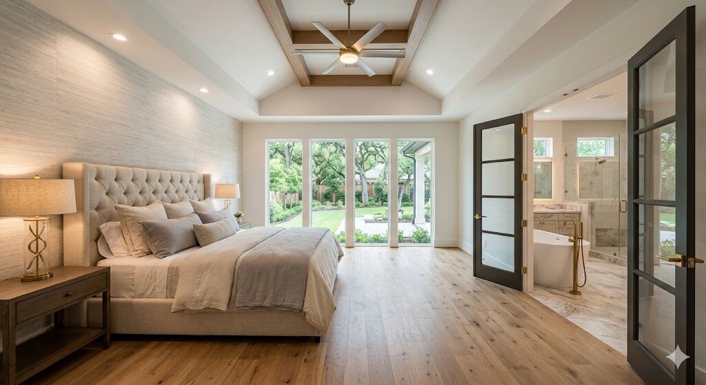 Master suite bedroom addition with coffered ceiling and backyard view — Houston Texas