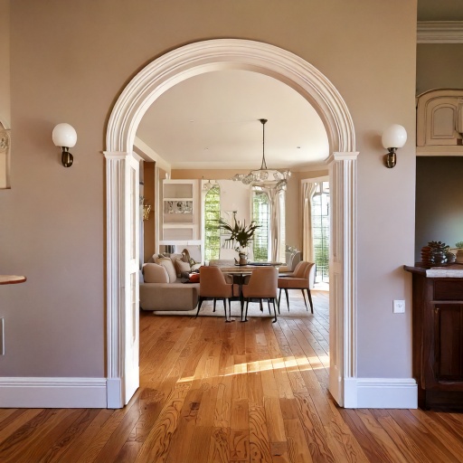 Plaster arched doorway opening living room kitchen open plan Texas home 2026