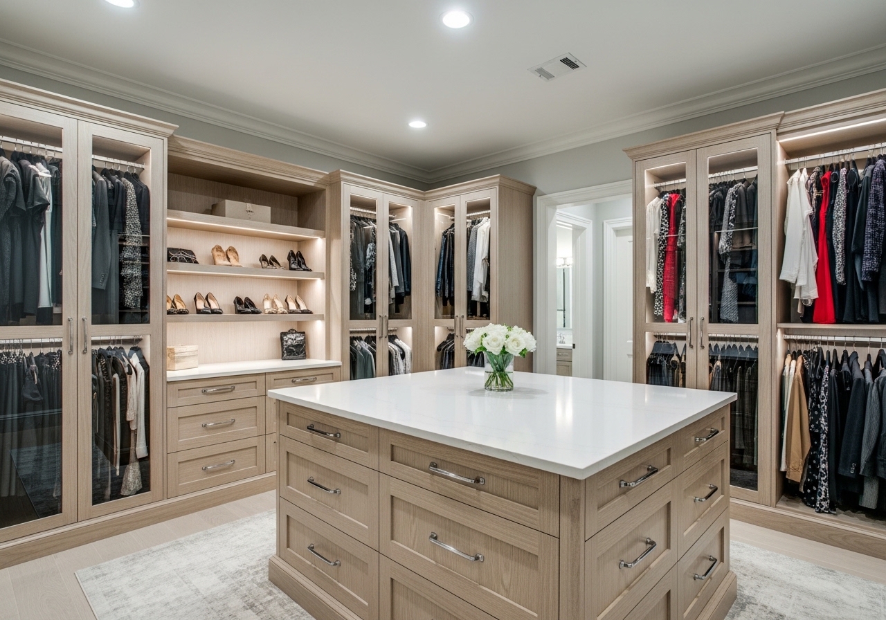 Custom walk-in closet system with floor-to-ceiling cabinetry, center island and LED lighting — Houston Texas