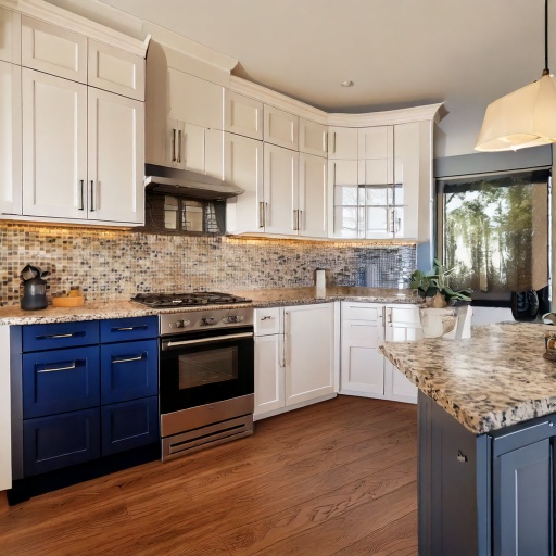 Two-tone semi-custom kitchen cabinetry with quartz countertops