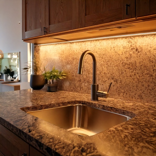 Quartz countertop with matte black hardware and brushed brass faucet