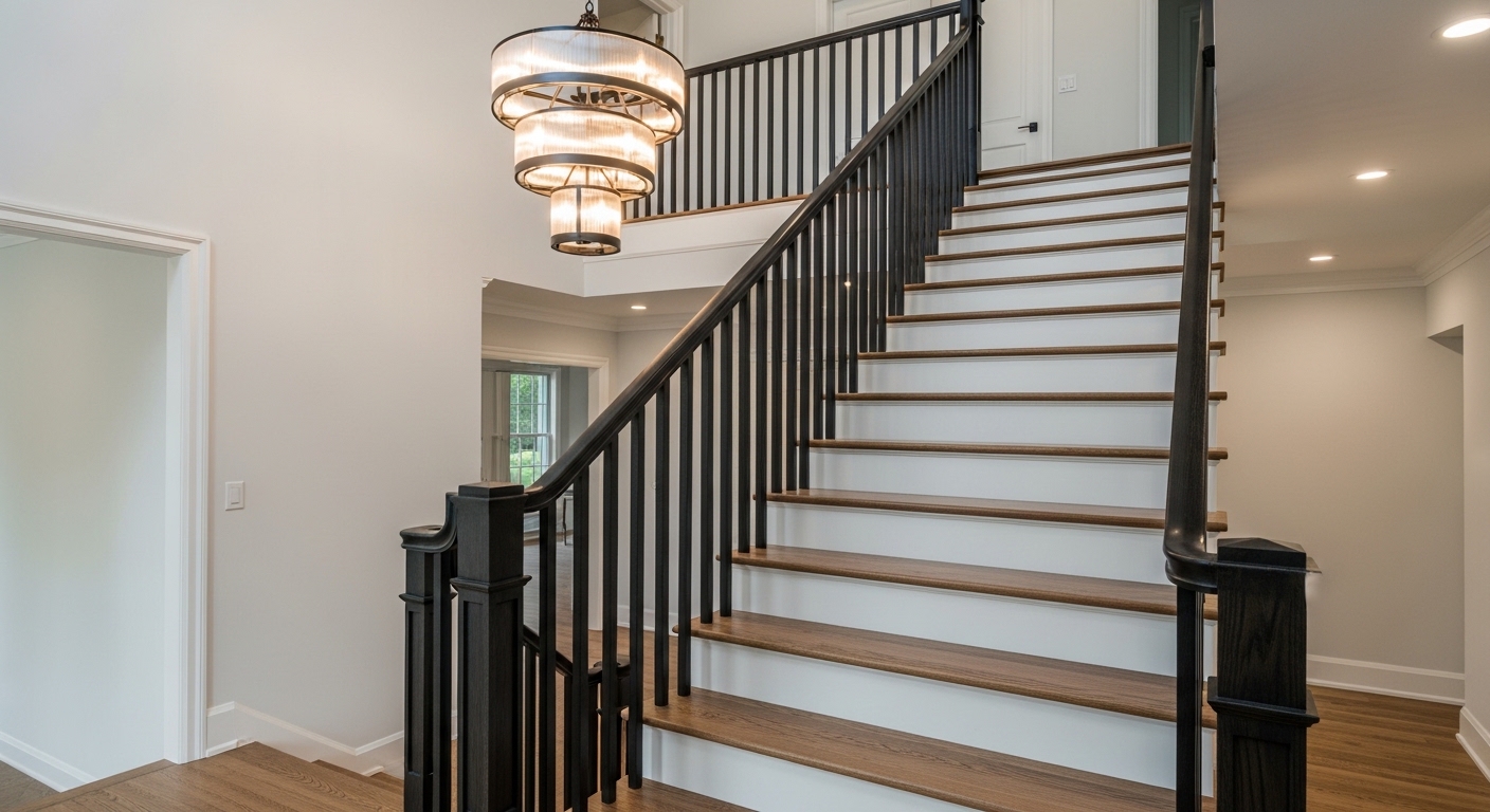 Hardwood stair treads with white risers in luxury home foyer