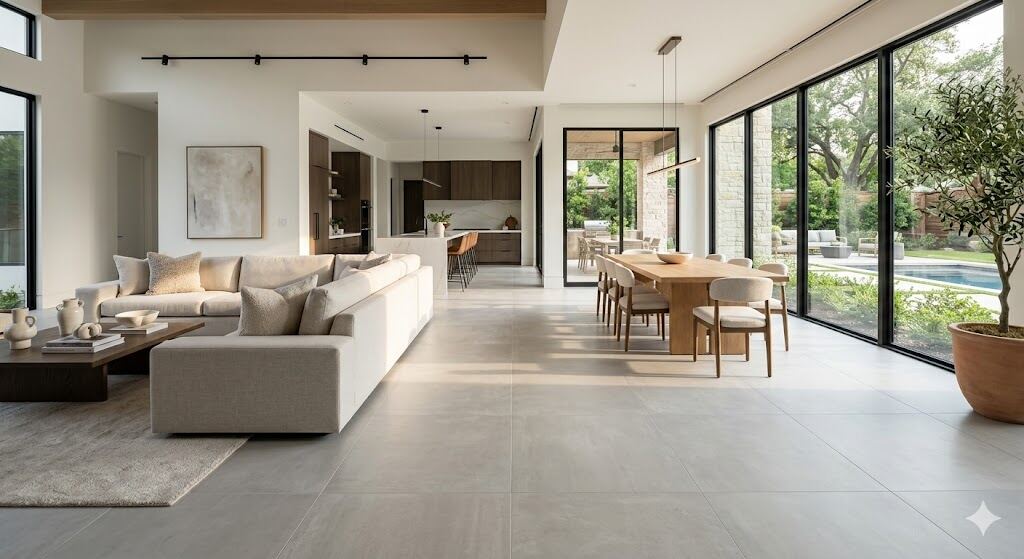 Large format porcelain tile flooring open-concept living room Houston Texas