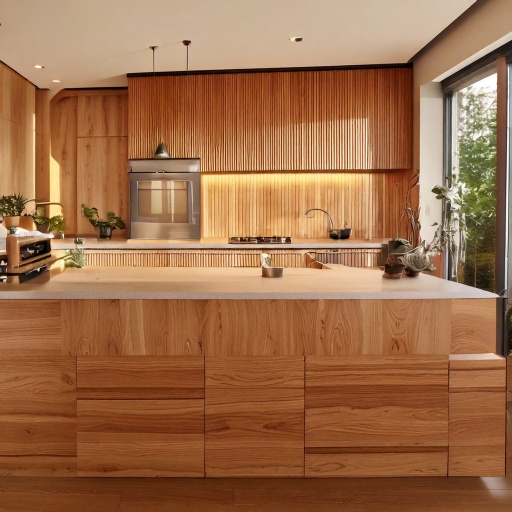 Fluted wood kitchen island vertical reeded panels walnut oak cabinetry design 2026