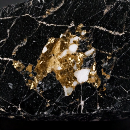 Premium granite countertop slab — dark black with dramatic white and gold mineral deposits, polished high-gloss finish