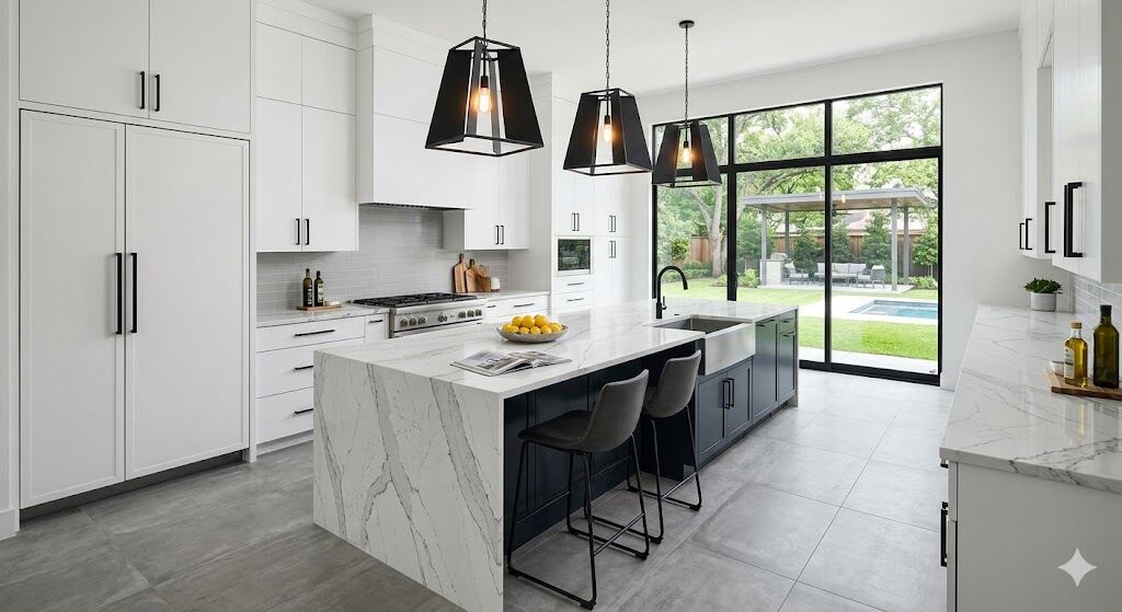 Contemporary kitchen with stainless appliances, stone countertops and open-plan layout — Houston Texas remodel