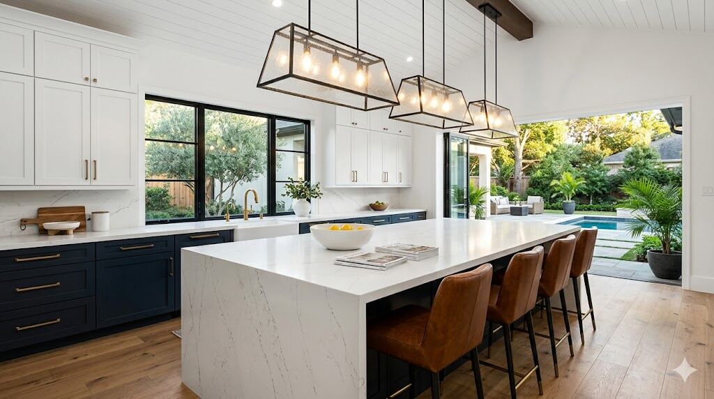 Two-tone navy and white kitchen remodel with quartz waterfall island, leather barstools, and pendant lighting — Houston Texas