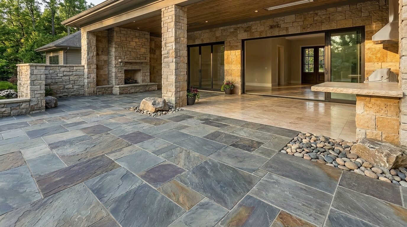 Natural stone flooring installation open-concept living area