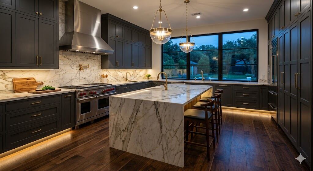 Dark shaker kitchen with marble backsplash and LED under-cabinet lighting