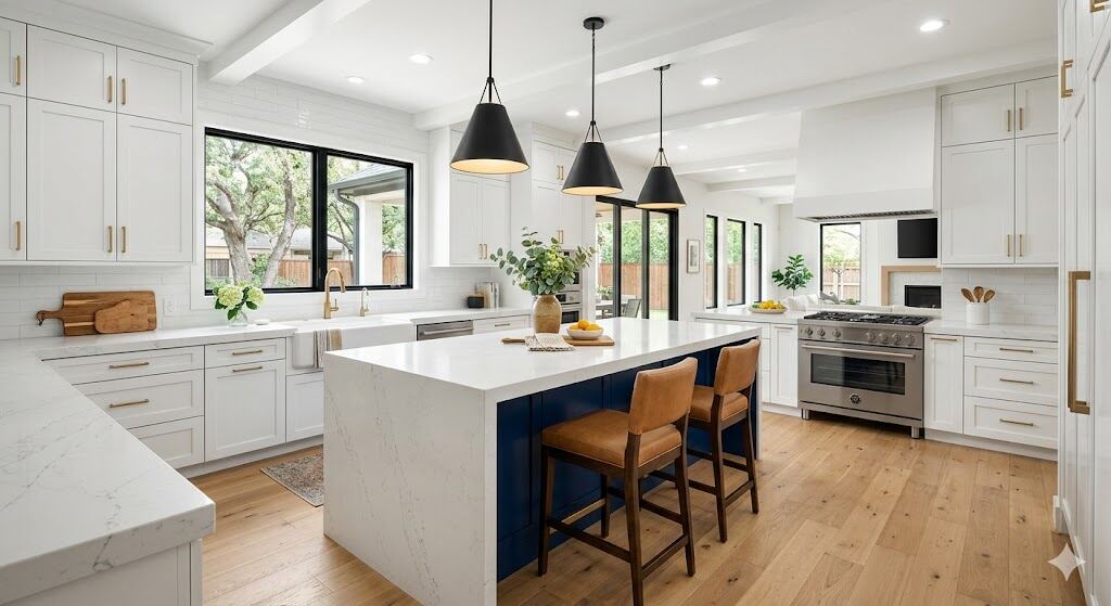 Open concept kitchen remodel with navy island